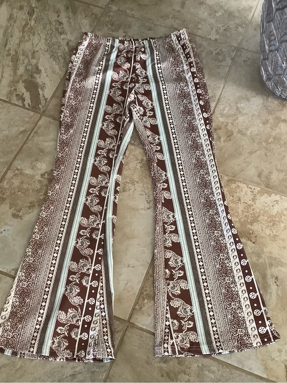 SHEIN Brown White Aqua Blue Festival Boho Pull On Flare Pants